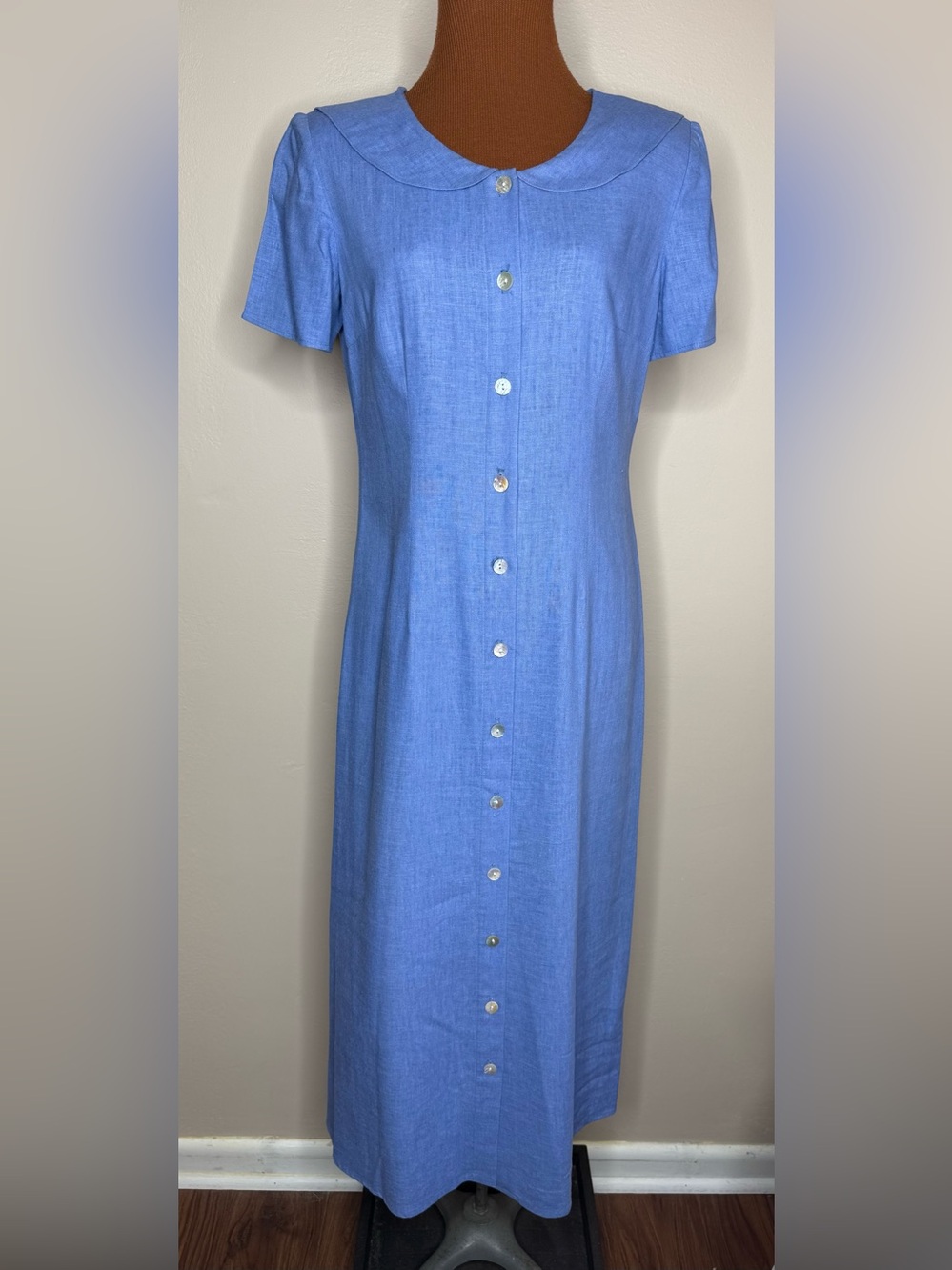 Talbots 90s Column Dress Peter Pan Collar Blue Button Front Size 6